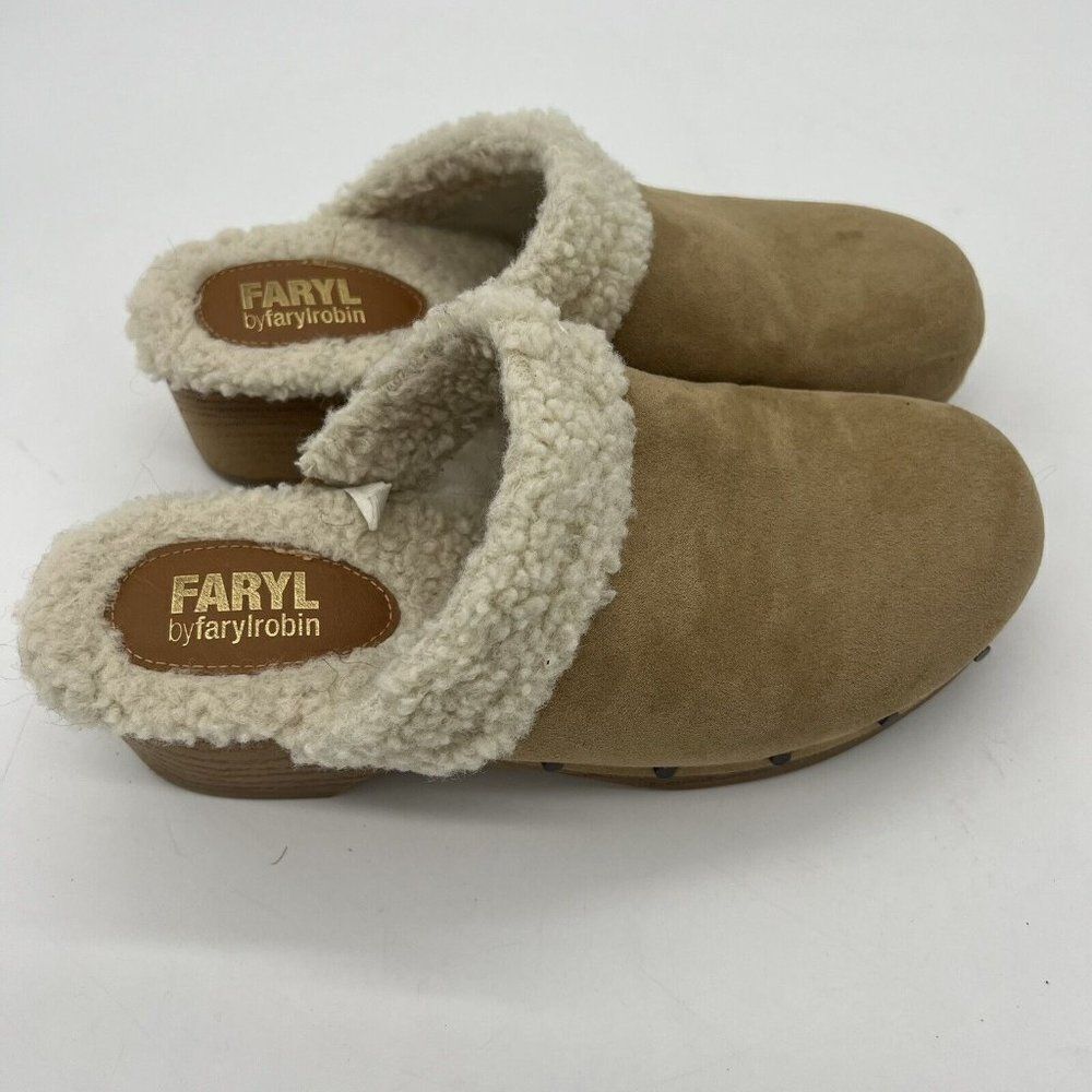 FARYL by FarylRobin Tan Faux Sheepskin Studded Mule Clogs Women’s Size 10